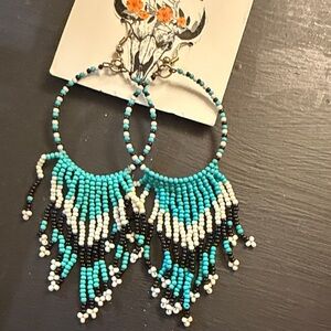 Beaded Hoop Earrings in Turquoise and Black